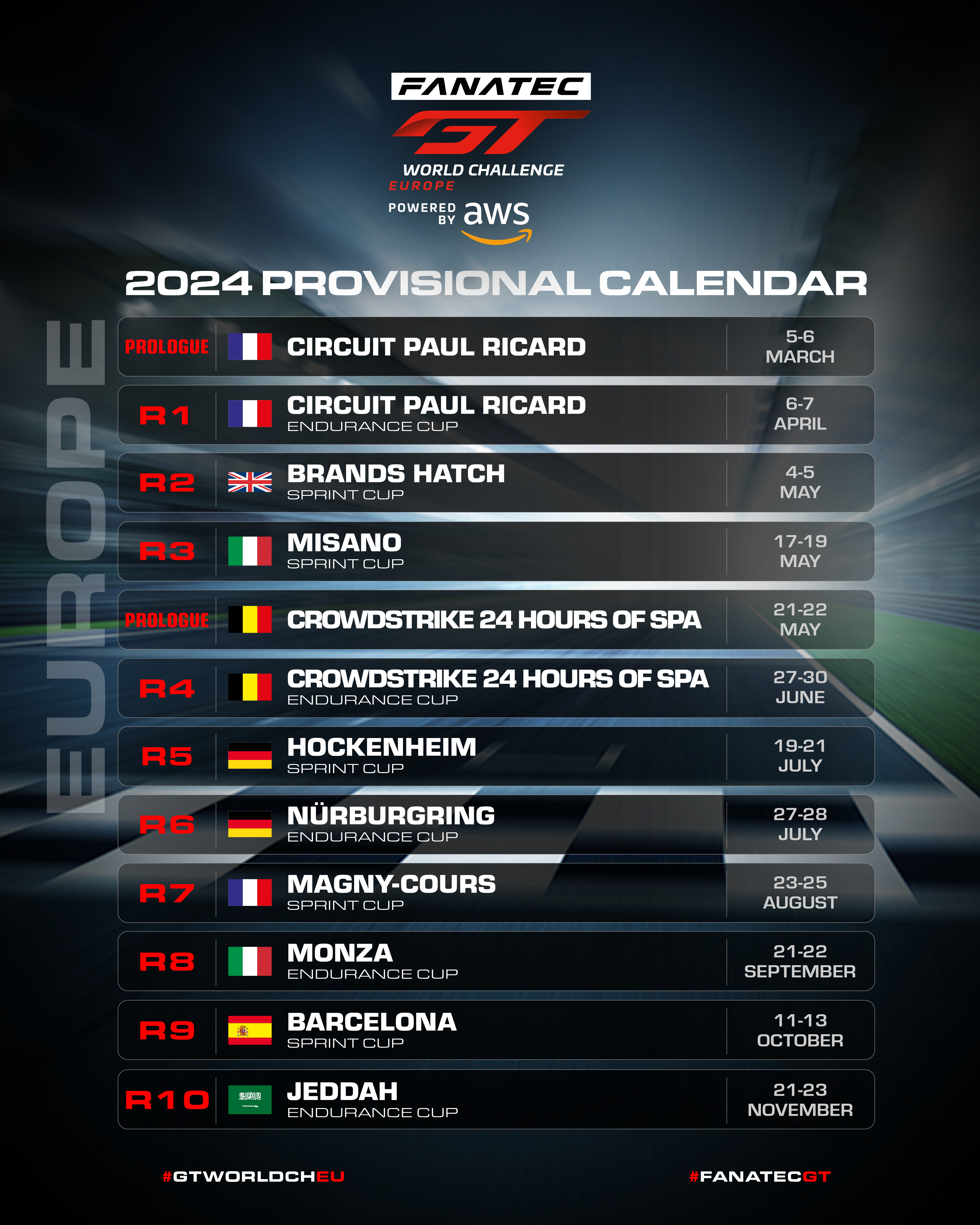 GT4 European Series Powered by RAFA Racing Club announces 2024 calendar