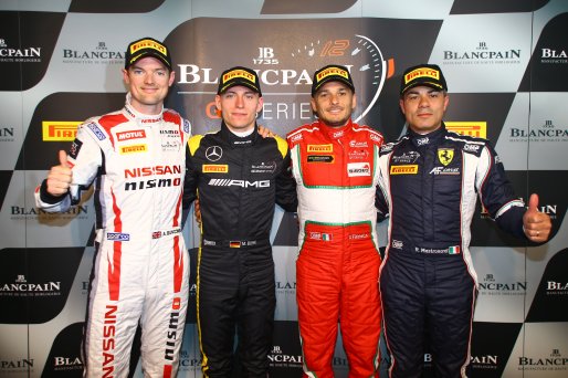 #84 HTP MOTORSPORT (DEU) MERCEDES BENZ AMG GT3 MAXIMILIAN BUHK (DEU) OVERALL POLEMAN WITH ALEX BUNCOMBE (GBR) NISSAN GT ACADEMY TEAM RJN (GBR) NISSAN GT-R NISMO GT3 AND GIANCARLO FISICHELLA (ITA) #53 AF CORSE (ITA) FERRARI 488 GT3 PRO-AM CLASS POLEMAN AND | OLIVIER BEROUD / VISION SPORT AGENCY