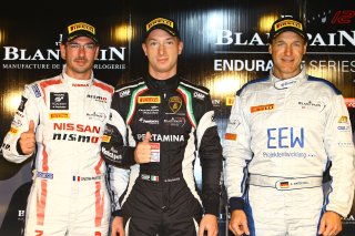 #63 GRT GRASSER RACING TEAM (AUT) LAMBORGHINI HURACAN GT3 MIRKO BORTOLOTTI (ITA) WITH GAETAN PALETOU (FRA) AND ALEXANDER MATTSCHULL (DEU) POLEMAN