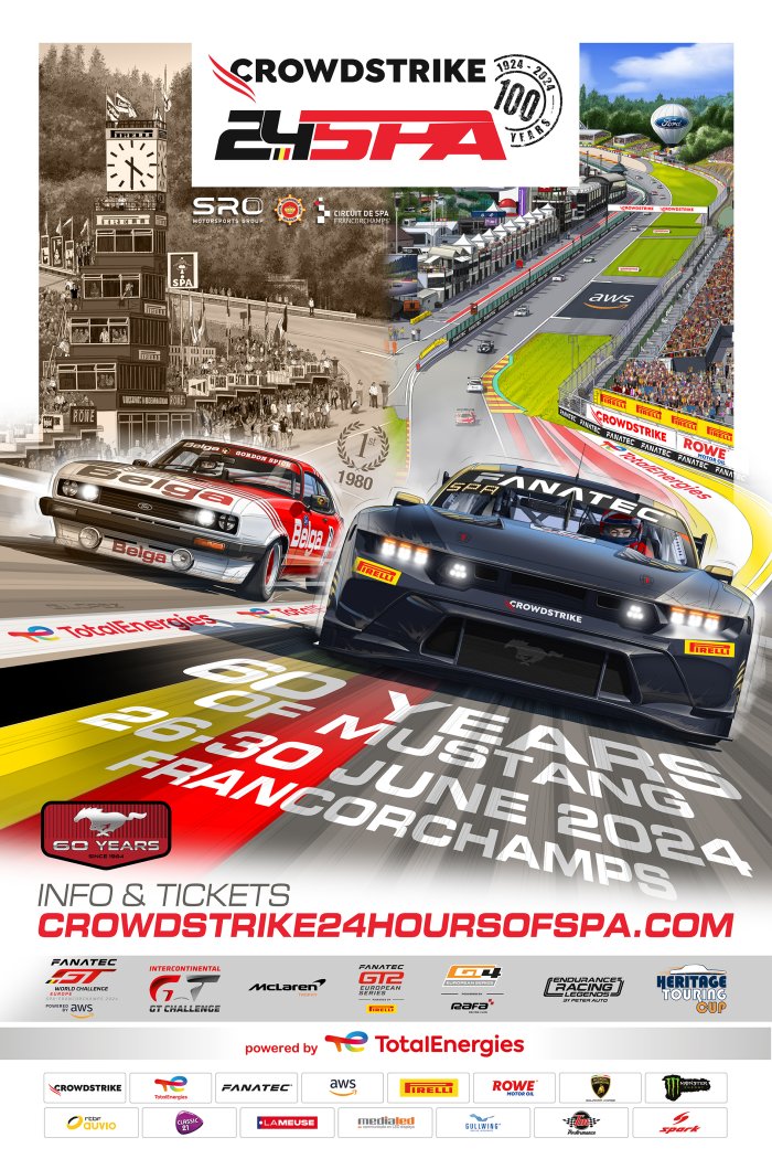 Affiche 4/10: Ford, het comeback-verhaal op een verzamelaffiche voor de eeuweditie van de CrowdStrike 24 Hours of Spa