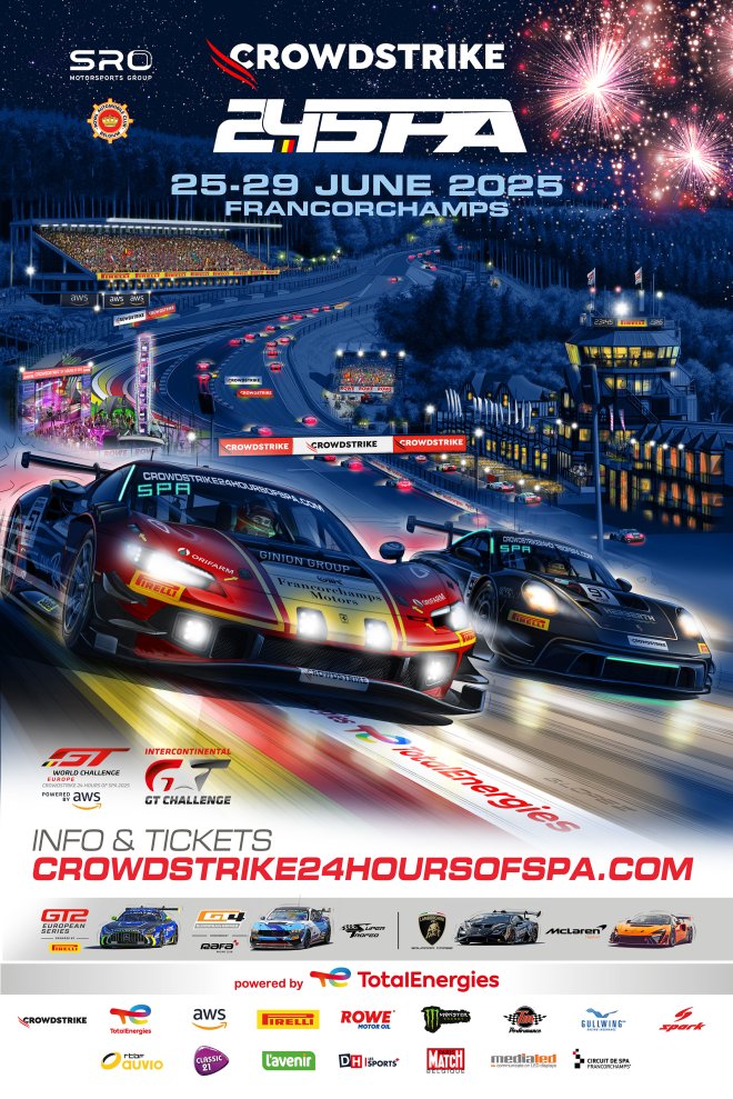 A celebration of the night and a Ferrari-Porsche duel feature on latest CrowdStrike 24 Hours of Spa collector’s edition poster