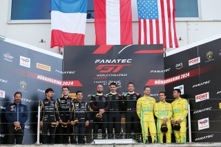 Pro Podium (l-r) #22 - Schumacher CLRT - Dorian BOCCOLACCI - Ayhancan GUVEN - Laurin HEINRICH - Porsche 911 GT3 R (992), #163 - GRT - Grasser Racing Team - Jordan PEPPER - Franck PERERA - Marco MAPELLI - Lamborghini Huracan GT3 EVO2, #48 - Mercedes-AMG Te