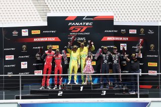 Race 1 Pro Podium (l-r) #991 - Century Motorsport - Darren LEUNG - Daniel HARPER - BMW M4 GT3, #48 – Winward Racing Team MANN-FILTER – Lucas AUER – Maro Engel – Mercedes-AMG GT3 EVO, #14 – Emil Frey Racing – Konsta LAPPALAINEN – Ben GREEN – Ferrari 296 GT