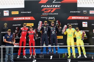Race 2 Overall Podium (l-r) #32 – Team WRT – Dries VANTHOOR – Charles WEERTS – BMW M4 GT3, #14 – Emil Frey Racing – Konsta LAPPALAINEN – Ben GREEN – Ferrari 296 GT3, #48 – Winward Racing Team MANN-FILTER – Lucas AUER – Maro Engel – Mercedes-AMG GT3 EVO 