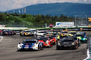 Start of Race 2 - #6 – LIQUIMOLY Team Engstler by OneGroup – Luca ENGSTLER – Max HOFER - Audi R8 LMS GT3 EVO II leads #99 – Tresor Attempto Racing – Ricardo FELLER – Alex AKA – Audi R8 LMSGT3 EVO II 