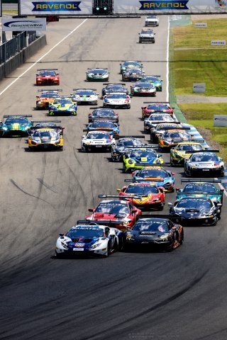 Start of Race 2 - #6 – LIQUIMOLY Team Engstler by OneGroup – Luca ENGSTLER – Max HOFER - Audi R8 LMS GT3 EVO II leads #99 – Tresor Attempto Racing – Ricardo FELLER – Alex AKA – Audi R8 LMSGT3 EVO II 