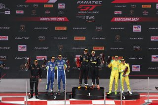 Overall Podium (l-r) #96 - Rutronik Racing – Patric NIEDERHAUSER – Sven MULLER – Porsche 911 GT3 R (992), #9 - Boutsen VDS – Jules GOUNON – Maximillian GOTZ - Mercedes-AMG GT3 EVO, #48 – Winward Racing Team MANN-FILTER – Lucas AUER – Maro Engel – Mercedes