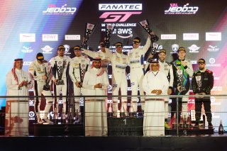 Gold Cup Podium of #777 - AlManar Racing by GetSpeed - Al Faisal AL ZUBAIR - Dominik BAUMANN - Mikael GRENIER - Mercedes-AMG GT3 EVO, #25 - Sainteloc Racing - Paul EVRARD - Gilles MAGNUS - Jim PLA - Audi R8 LMS GT3 EVO II and #85 - Imperiale Racing - Denn
