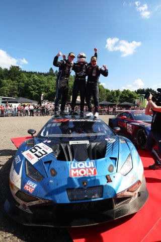 #63 - GRT - Grasser Racing Team - Mirko BORTOLOTTI - Jordan PEPPER - Luca ENGSTLER - Lamborghini Huracan GT3 EVO2 celebrates winning the CrowdStrike 24 Hours of Spa