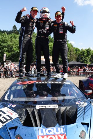 #63 - GRT - Grasser Racing Team - Mirko BORTOLOTTI - Jordan PEPPER - Luca ENGSTLER - Lamborghini Huracan GT3 EVO2 celebrates winning the CrowdStrike 24 Hours of Spa