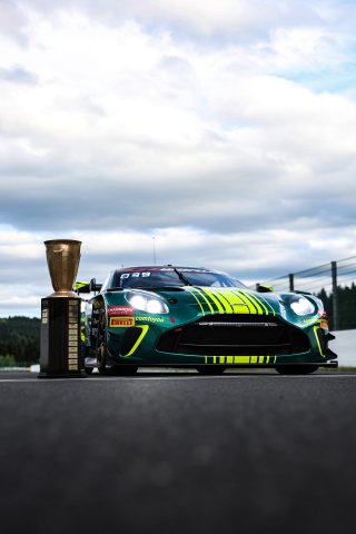 #7 - Comtoyou Racing - Marco SORENSEN - Nicki THIIM - Mattia DRUDI - Aston Martin Vantage AMR GT3 EVO and the Spa 24 Hours winning trophy 