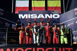 Race 1 Overall Podium (l-r) #51 - AF Corse - Francorchamps Motors - Alessio ROVERA - Vincent ABRIL - Ferrari 296 GT3, #46 - Team WRT - Valentino ROSSI - Raffaele MARCIELLO - BMW M4 GT3 EVO, #32 - Team WRT - Charles WEERTS - Kelvin VAN DER LINDE - BMW M4 G