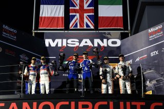Race 1 Gold Podium (l-r) #25 - Sainteloc Racing - Paul EVRARD - Gilles MAGNUS - Audi R8 LMS GT3 EVO II, #58 - Garage 59 - Thomas FLEMING - Louis PRETTE - McLaren 720S GT3 EVO, #88 - Tresor Attempto Racing - Sebastian OGAARD - Leonardo MONCINI - Audi R8 LM
