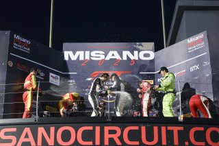 Race 1 Overall Podium (l-r) #51 - AF Corse - Francorchamps Motors - Alessio ROVERA - Vincent ABRIL - Ferrari 296 GT3, #46 - Team WRT - Valentino ROSSI - Raffaele MARCIELLO - BMW M4 GT3 EVO, #32 - Team WRT - Charles WEERTS - Kelvin VAN DER LINDE - BMW M4 G