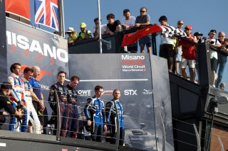 Race 2 Gold Podium (l-r) #25 - Sainteloc Racing - Paul EVRARD - Gilles MAGNUS - Audi R8 LMS GT3 EVO II , #69 - Emil Frey Racing - Thierry VERMEULEN - Chris LULHAM - Ferrari 296 GT3, #58 - Garage 59 - Thomas FLEMING - Louis PRETTE - McLaren 720S GT3 EVO 
