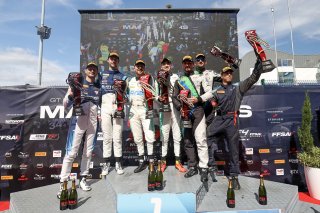 Race 2 Bronze Podium (l-r) #74 - Kessel Racing - Dennis MARSCHALL - Dustin BLATTNER - Ferrari 296 GT3, #81 - Winward Racing - Marvin DIENST - Rinat SALIKHOV - Mercedes-AMG GT3 EVO, #85 - Imperiale Racing - Loris SPINELLI - Dmitriy GVAZAVA - Lamborghini Hu