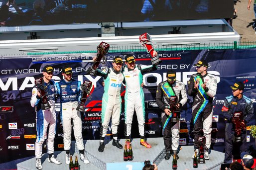 Race 2 Podium (l-r) #74 - Kessel Racing - Dennis MARSCHALL - Dustin BLATTNER - Ferrari 296 GT3, #81 - Winward Racing - Marvin DIENST - Rinat SALIKHOV - Mercedes-AMG GT3 EVO, #85 - Imperiale Racing - Loris SPINELLI - Dmitriy GVAZAVA - Lamborghini Huracan G | SRO Motorsports Group