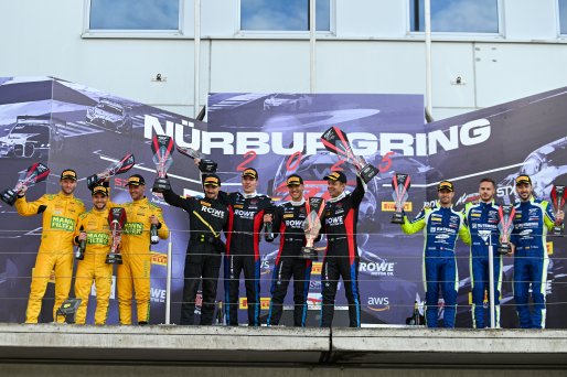 Overall Podium (l-r) #48 - Mercedes-AMG Team MANN-FILTER - Lucas AUER - Matteo CAIROLI - Maro ENGEL - Mercedes-AMG GT3 EVO, #98 - ROWE Racing - Augusto FARFUS - Jesse KROHN - Raffaele MARCIELLO - BMW M4 GT3 EVO, #96 - Rutronik Racing - Sven MULLER - Patri | SRO / JEP