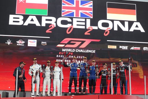 Overall Podium, #777 - AlManar Racing by WRT - Jens KLINGMANN - Ben TUCK - Al Faisal AL ZUBAIR - BMW M4 GT3 EVO, #58 - Garage 59 - Adam SMALLEY - Dean MACDONALD - Louis PRETTE - McLaren 720S GT3 EVO and #98 - ROWE Racing - Augusto FARFUS - Jesse KROHN - R | SRO / JEP