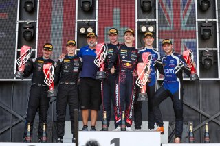 Race 1 Overall Podium (l-r) #63 - GRT - Grasser Racing Team - Luca ENGSTLER - Jordan PEPPER - Lamborghini Huracan GT3 EVO2, #69 - Emil Frey Racing - Thierry VERMEULEN - Chris LULHAM - Ferrari 296 GT3, #58 - Garage 59 - Thomas FLEMING - Louis PRETTE - McLa