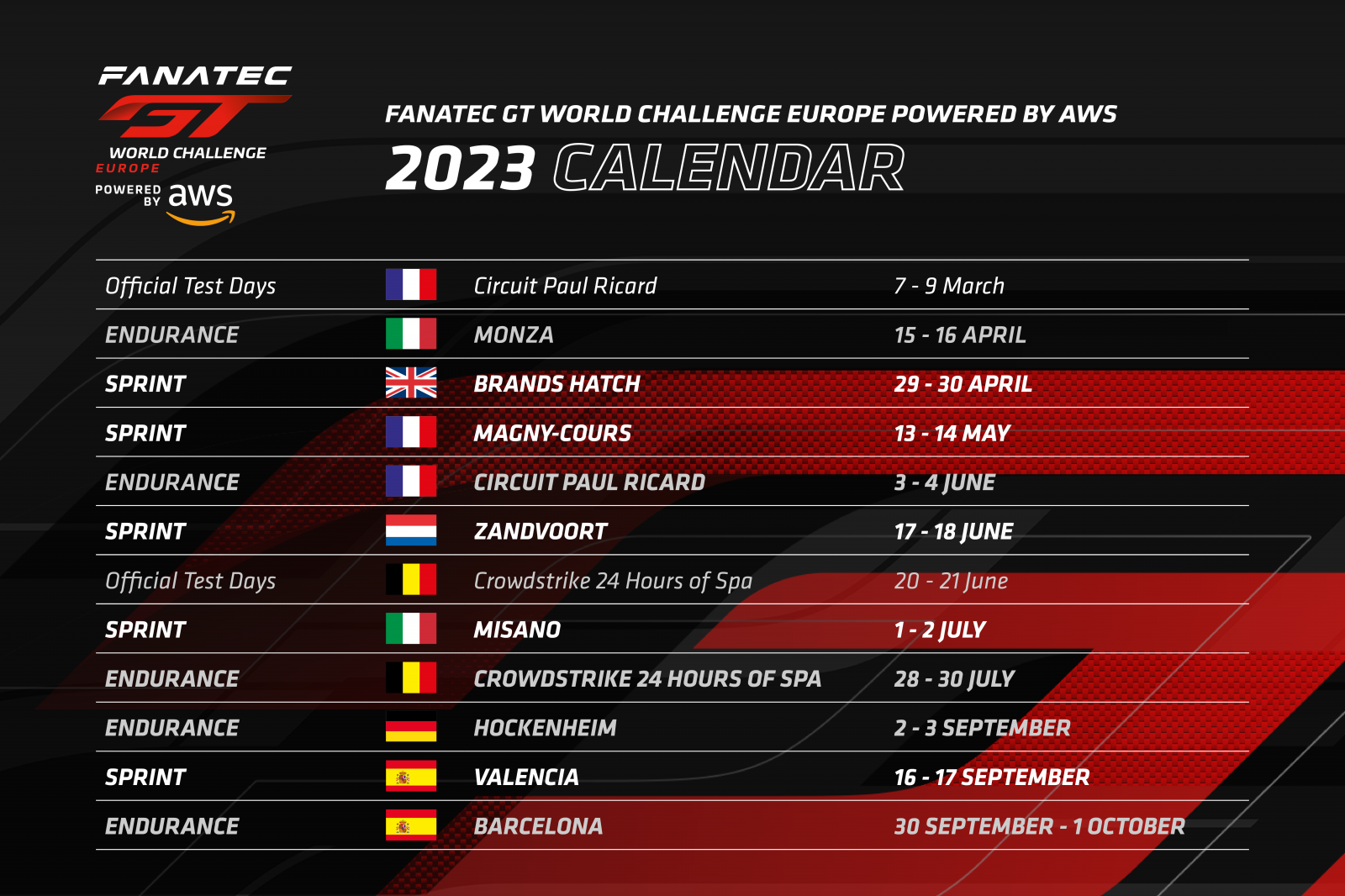 Consistency for 2023 Fanatec GT World Challenge Europe Powered by AWS calendar